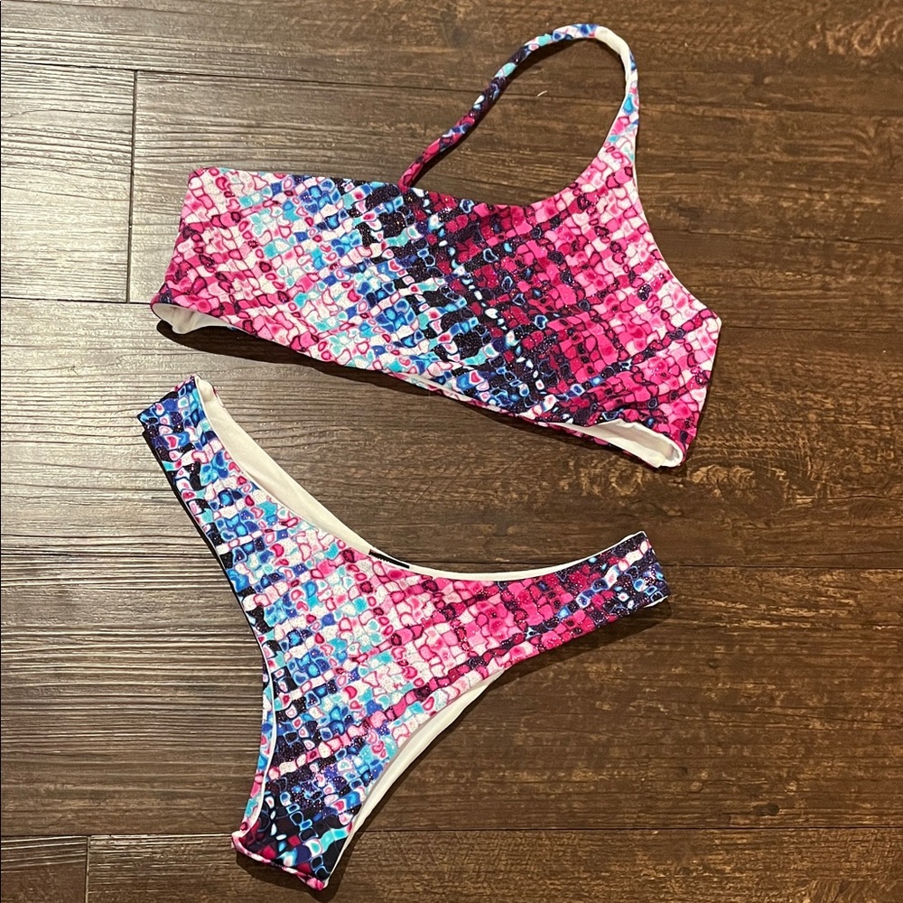 Demon Bikini Set Medium Top Small Bottom Swimsuit Pink Purple Blue Sparkle